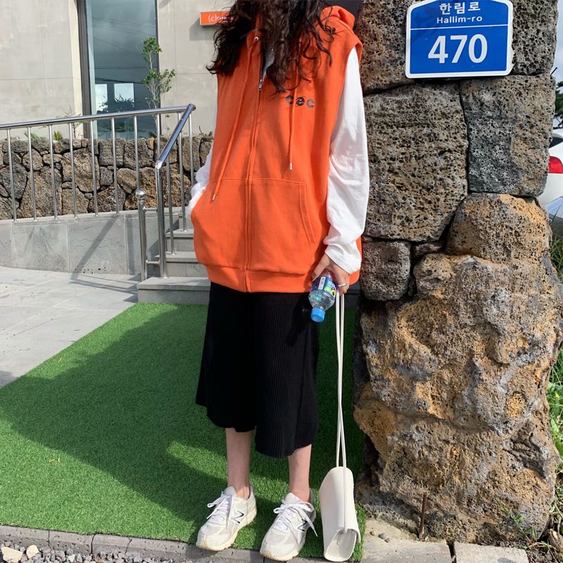 連帽馬甲衛衣女韓版寬松大碼簡約無袖拉鏈開衫外套春秋薄款