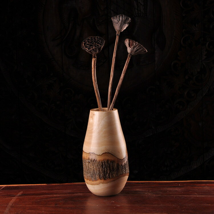 東南亞工藝品創意風格擺件實木原生態樹皮原木色花瓶裝飾干草瓶1入