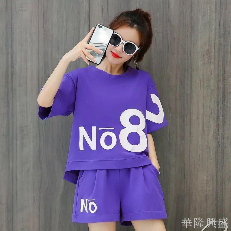 休閑運動服套裝女夏2024新款韓版時尚印花寬松短袖短褲跑步兩件套