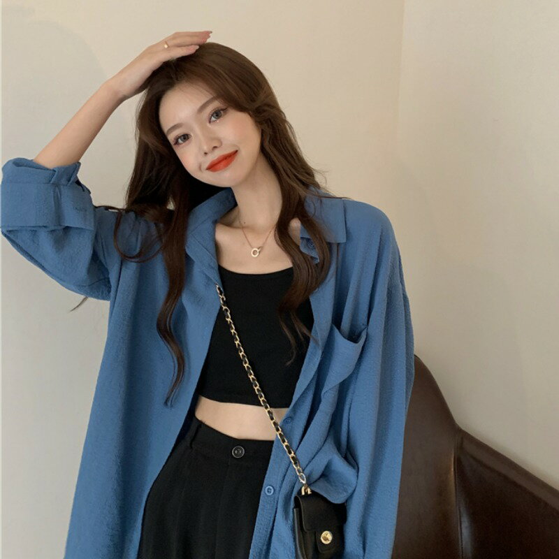 藍色襯衣夏季2022新款設計感小眾韓系上衣防曬衫薄款女士襯衫外套