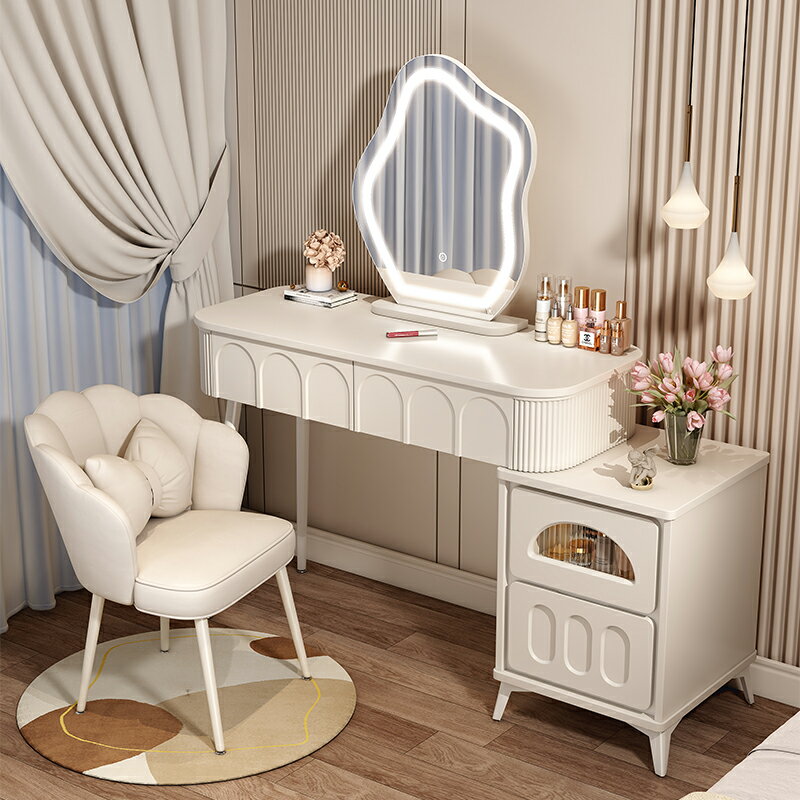 奶油風梳妝臺臥室現代簡約小戶型化妝桌床頭收納書桌鏡子斗柜一體