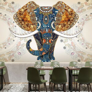 泰式手繪大象壁紙東南亞泰國風情餐廳背景墻裝飾壁畫酒店裝修墻紙
