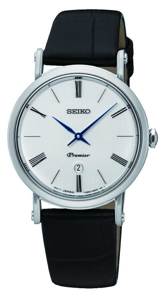 SEIKO 精工 Premier 古羅馬革新藍寶石水晶牛皮手錶 銀 黑 7N89-0AY0P(SXB431J1) 30mm
