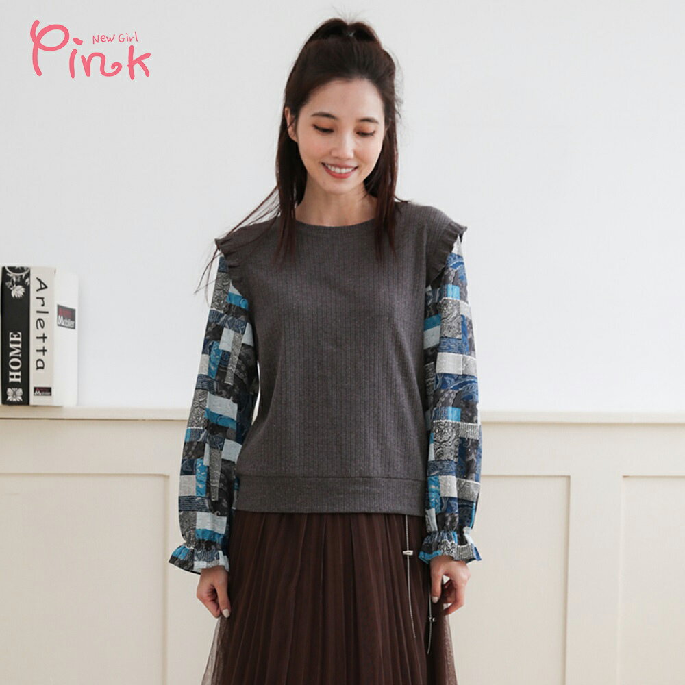 Pink*假兩件拼接印花長袖上衣 N3301HD