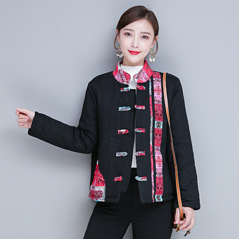 冬季新款中國風女裝中式立領復古盤扣加厚棉服夾層棉衣短外套1入