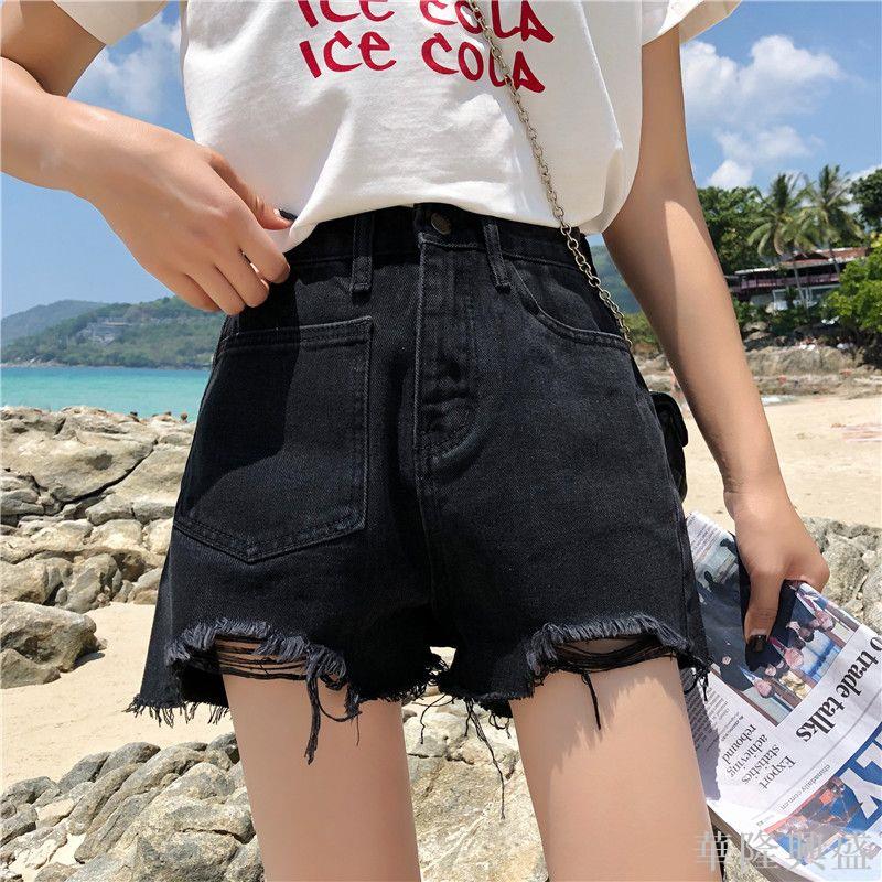 夏季韓版個性口袋破洞高腰牛仔短褲女寬松百搭顯瘦毛邊闊腿熱褲潮