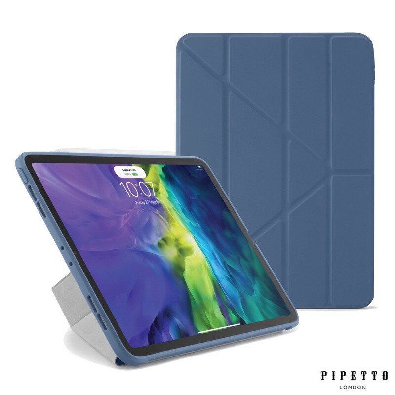 強強滾p-Pipetto iPad Air 10.9吋 (2020) Origami TPU多角度多功能保護套-海軍藍色