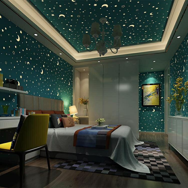 兒童房墻紙夜光可愛卡通3D星星月亮男孩女孩臥室背景墻天花板壁紙