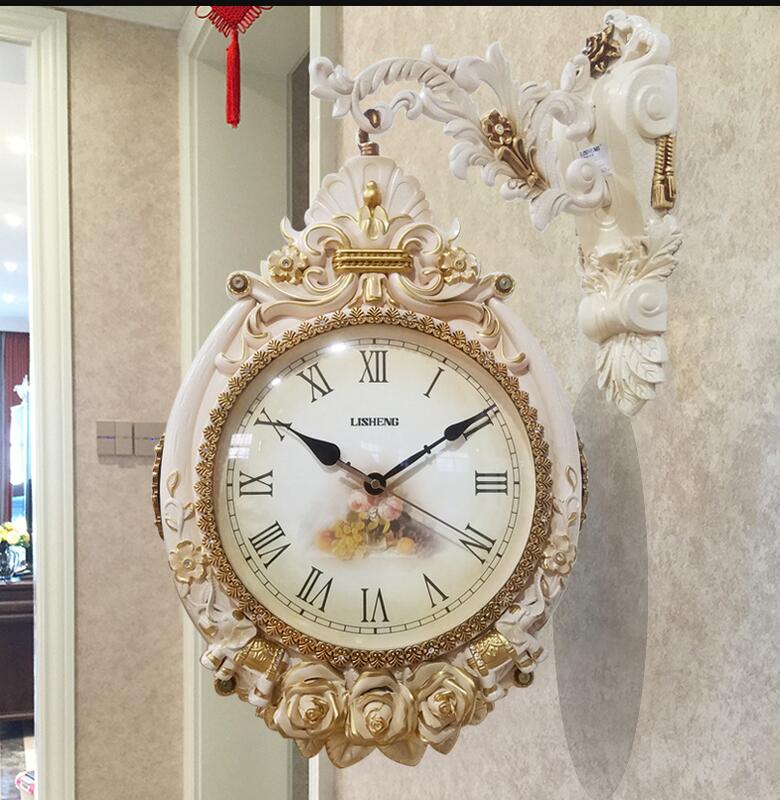 家用藝術雙麵掛鐘客廳掛表創意歐式複古靜音石英鐘表個性現代時鐘