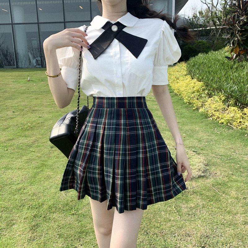 夏季新款蝴蝶結白色短袖襯衫+jk格子半身裙顯瘦學生兩件套裝