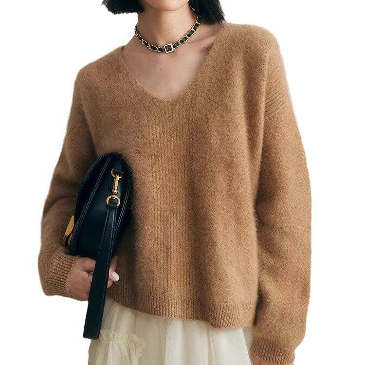 女裝 女上衣 女裝 衣服 毛衣 寬鬆上衣  高階感軟糯仿水貂絨v領毛衣女秋冬季時尚慵懶風奶fufu針織衫上衣 治裝激推 1