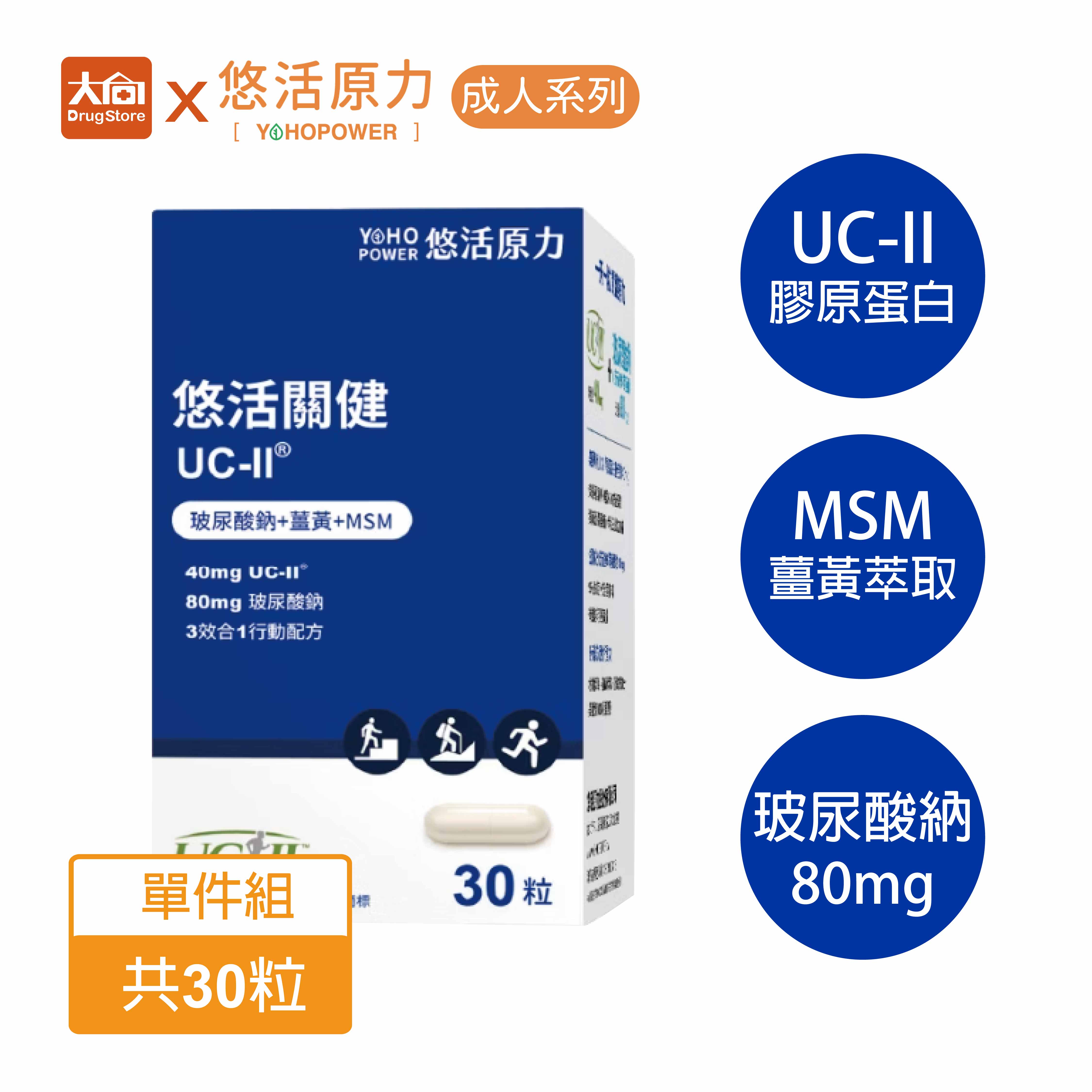 悠活原力 悠活關健複方膠囊UC-ll+玻尿酸 30粒/瓶