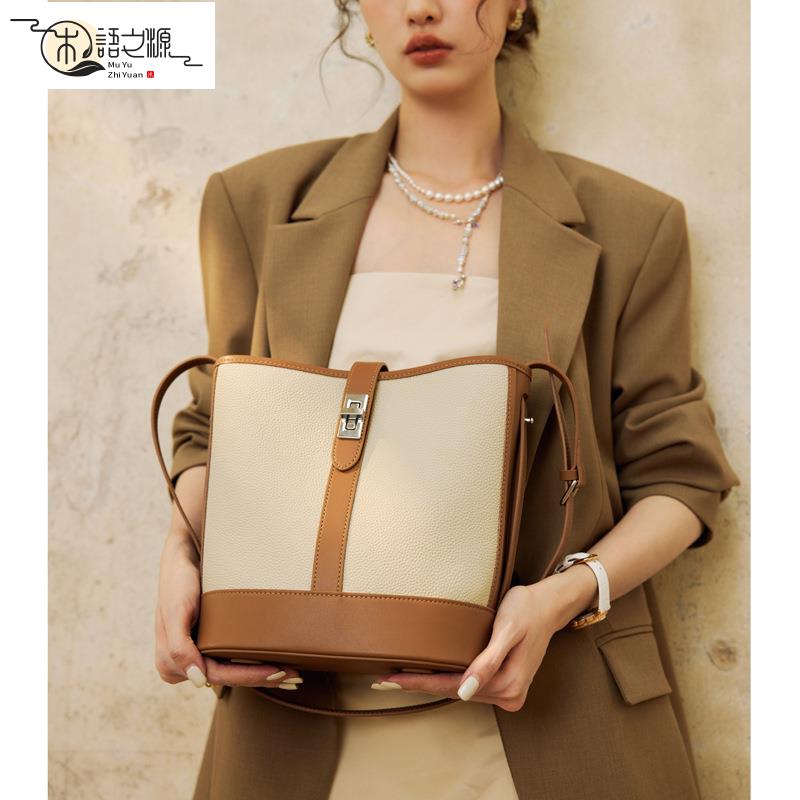 【臺灣公司貨】大容量包包女新款小眾輕奢高級感牛皮水桶包大真皮女包單肩包