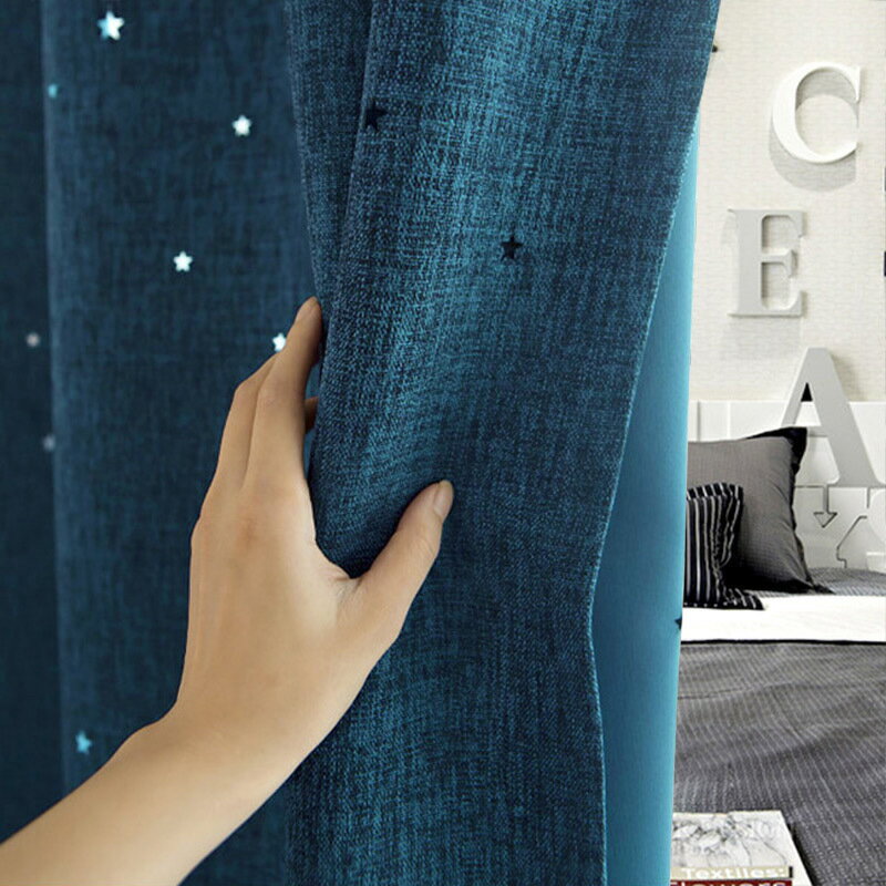 現代簡約純色亞麻風格布簾加厚鏤空星星窗簾成品全遮光臥室客廳