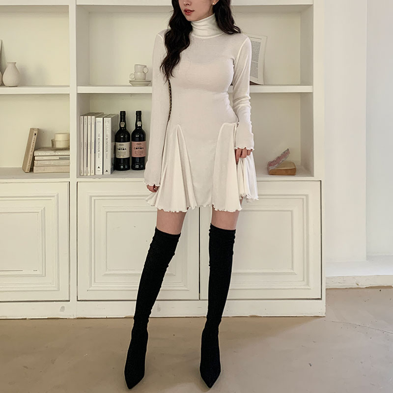 ANNAS 正韓顯身材高領傘裙洋裝 棉質彈性貼身洋裝 長袖高領洋裝 腰身顯瘦A字裙 性感合身素面 3