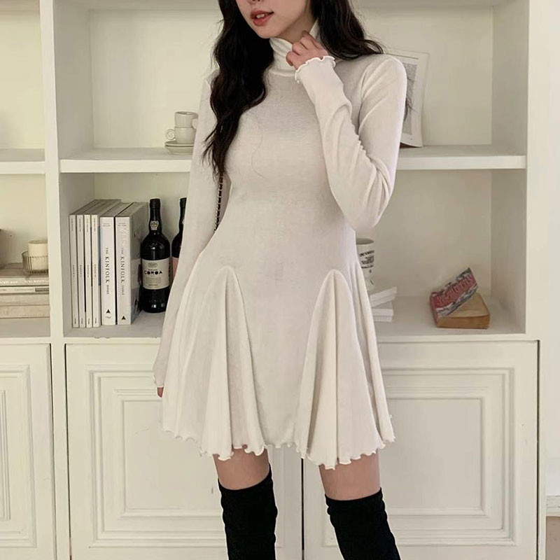 ANNAS 正韓顯身材高領傘裙洋裝 棉質彈性貼身洋裝 長袖高領洋裝 腰身顯瘦A字裙 性感合身素面 1