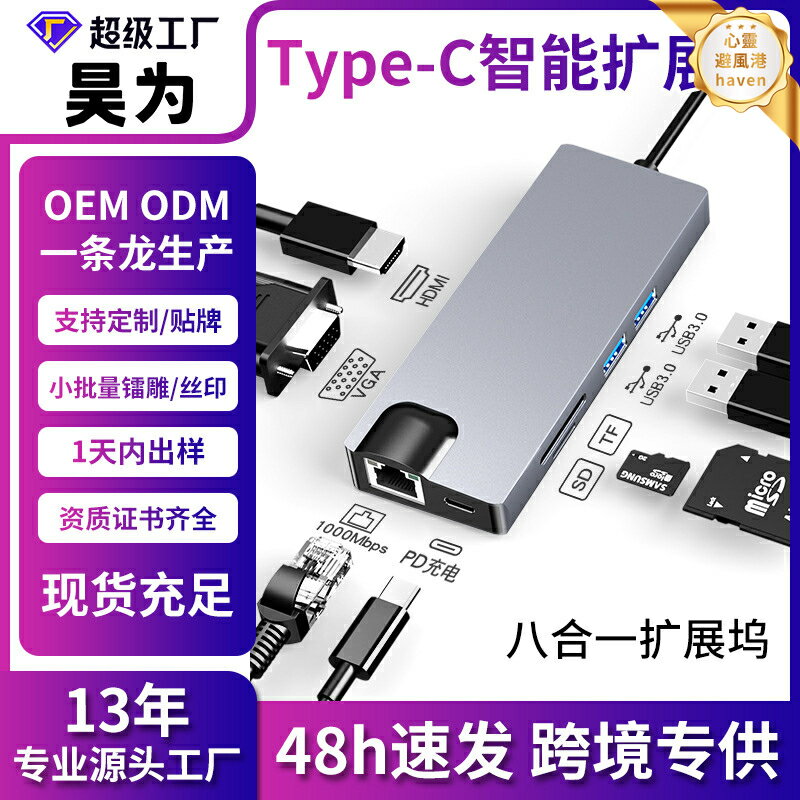 【八合一全能】Type-C擴充套件塢 HDMI轉換器 VGA轉換器 集線器 網絡卡 拓展塢 分線器 高速傳輸 多屏異顯 適用筆記本電腦 MacBook