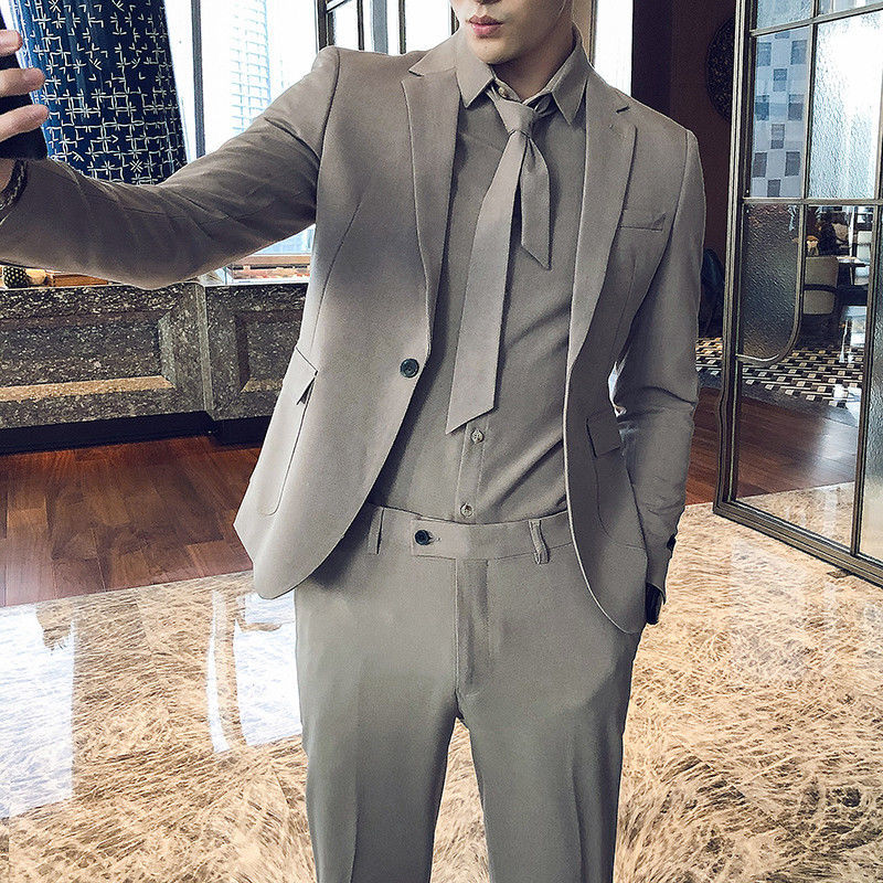 休閑青年英倫風西裝修身男士西服套裝三件套韓版結婚新郎禮服帥氣—貼心服飾
