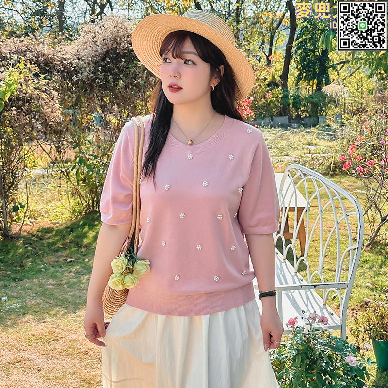 【全球優品滙】大碼女裝圓領重工釘珠針織衫2024春季新款胖mm寬鬆短袖t恤女22182