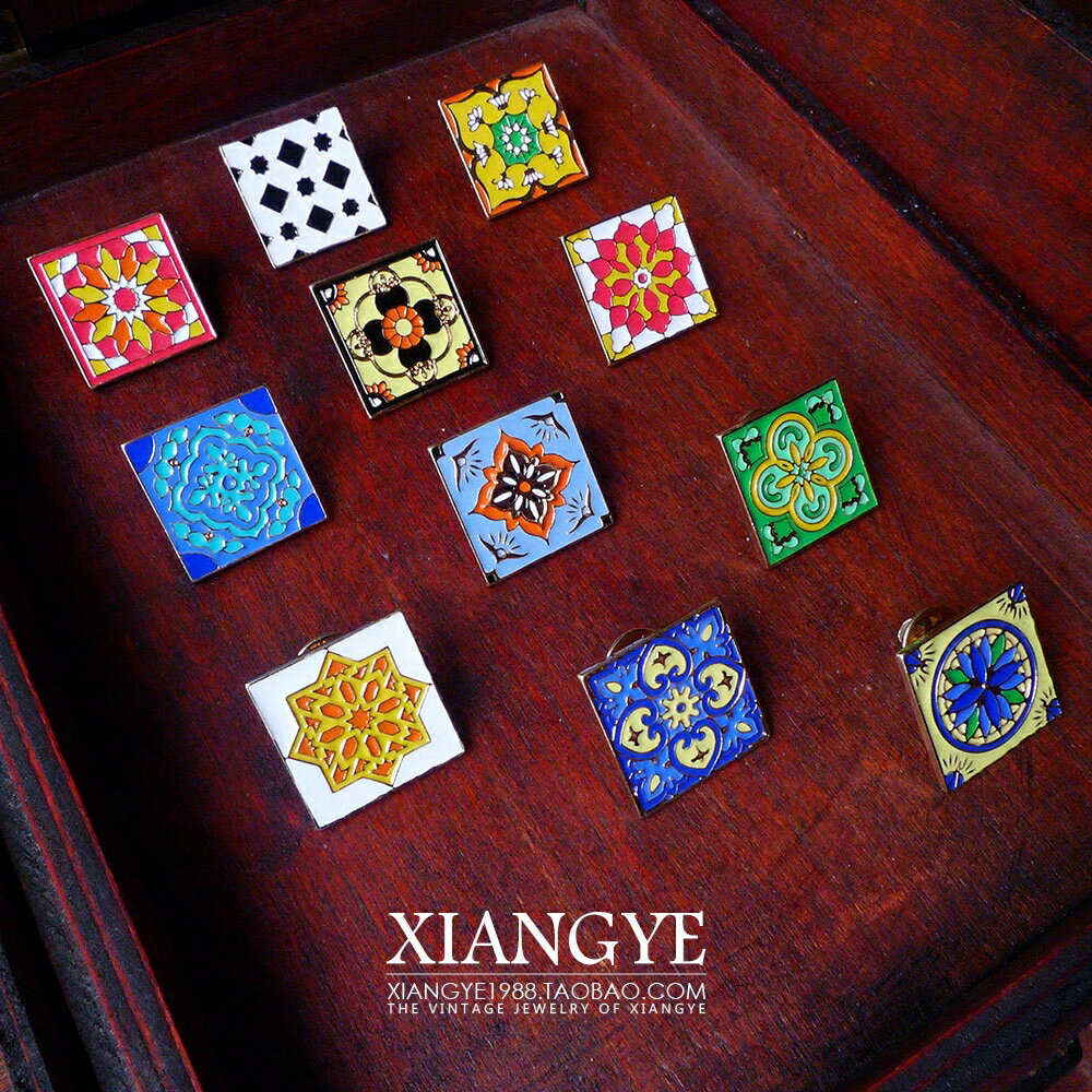 向葉 復古摩洛哥民族琺瑯馬賽克胸針西洋古董vintage舶來品首飾