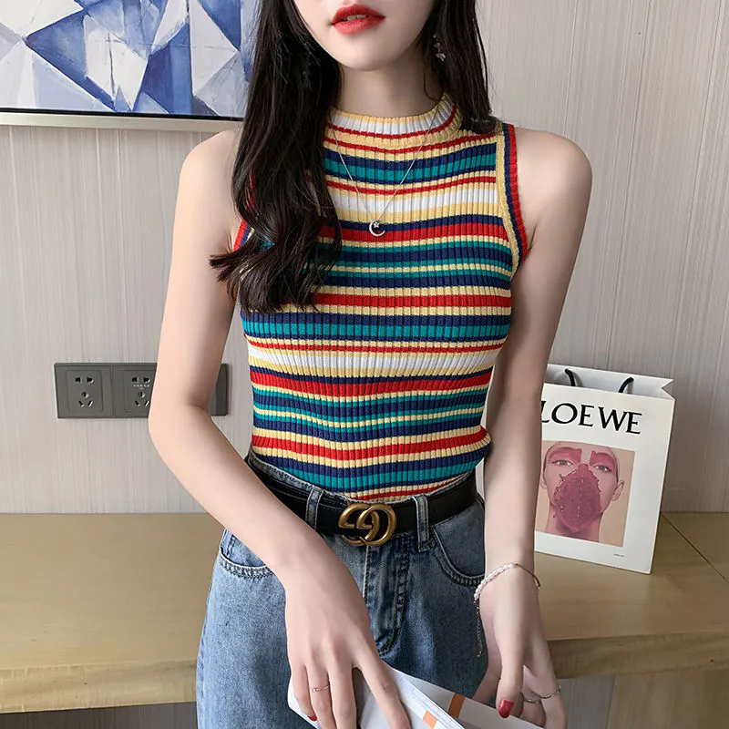 女士背心 小可愛 彩虹條紋短款小背心 女洋氣設計感小吊帶 性感外穿無袖上衣 女生背心 百搭上衣【不二雜貨】