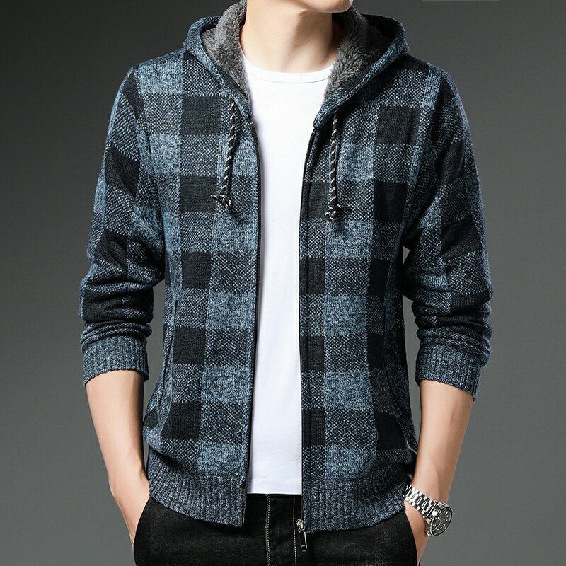 毛衣外套青年韓版修身男士連帽針織開衫加絨加厚時尚格子帥氣夾克