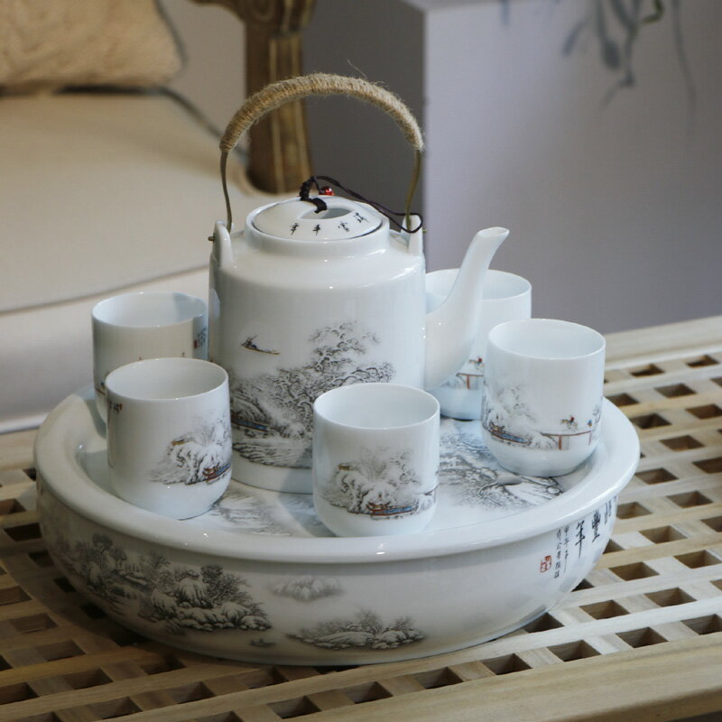 大號1.2L陶瓷茶具套裝家用茶壺茶杯茶盤景德鎮提梁壺中式古典禮盒