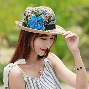 民族風夏季新款小沿帽云南風情立體刺繡花女式夏天裝飾草帽子女士