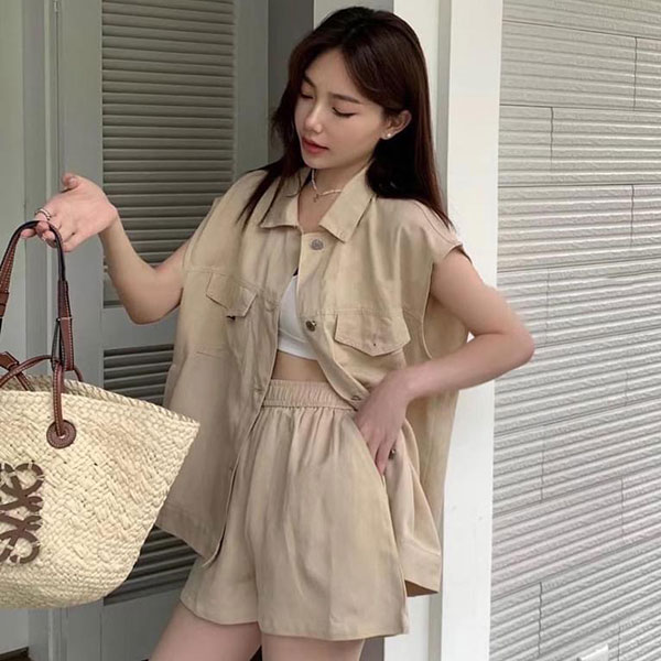 ANNAS 正韓 便宜款 修飾手臂 棉麻無袖西裝套裝 長版背心短褲 休閒 顯瘦 性感 韓國 5