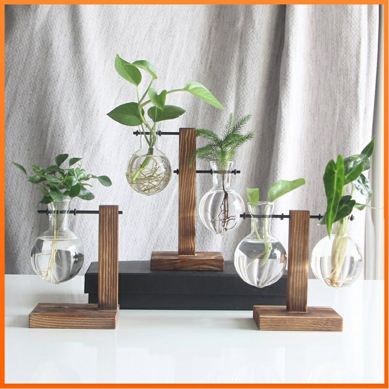 RUVAN（滿299全舘）創意木架水培花瓶控根瓶綠蘿植物透明玻璃插花容器花盆花架花器