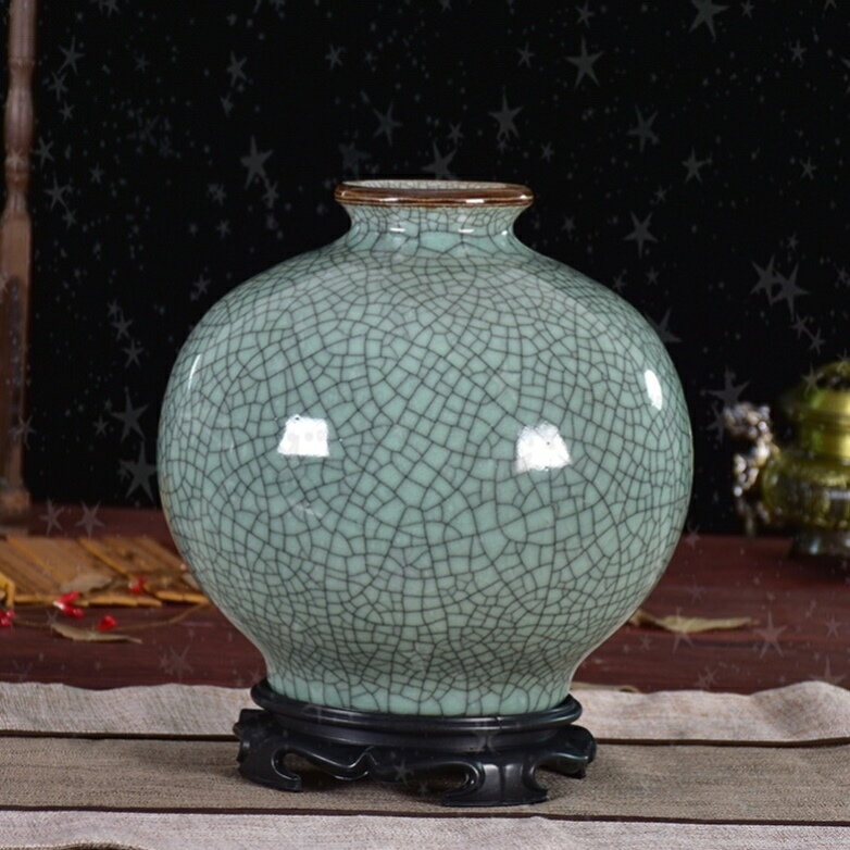 中式酒柜裝飾品擺件景德鎮陶瓷三羊開泰仿古裂紋釉花瓶插花客廳