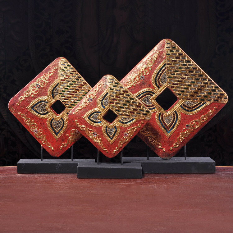 泰國工藝品實木手工木制擺件東南亞家居裝飾品棱形三件套桌面擺設1入