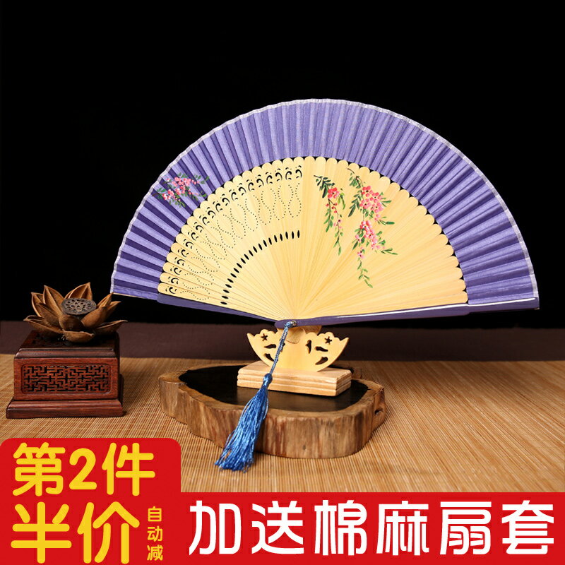 中國風手繪女式折扇日式扇子絹綾和風工藝折疊日用女扇送老外禮品