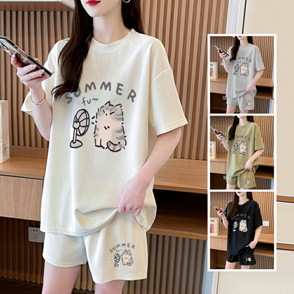 ＊ORead＊圓領印花短褲休閒運動套裝(4色M~XL)