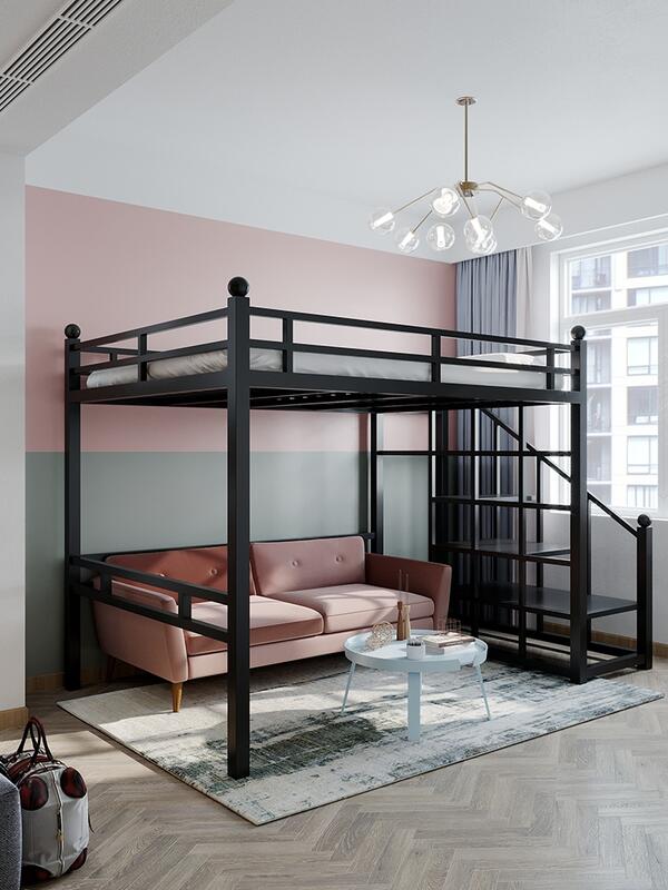 鐵床架小戶型閣樓床 鐵藝雙人高架床宿捨單身公寓床 雙層上下鋪鐵架床