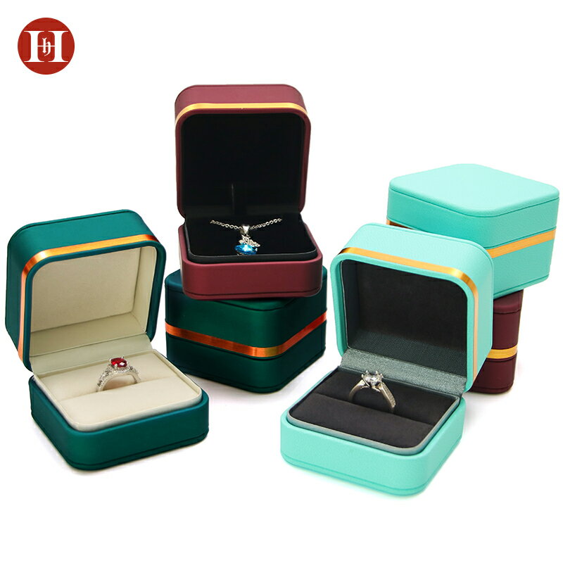 高檔拉絲皮圓角金邊珠寶首飾收納盒戒指吊墜項鏈婚禮飾品包裝盒子