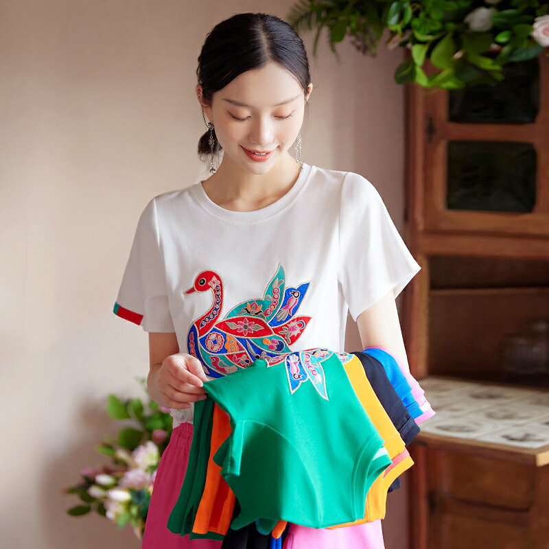 花製作 天鵝夢 原創民族風刺繡短袖t恤女薄款修身小眾繡花上衣夏