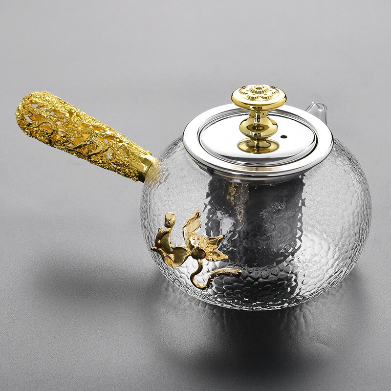 陶福氣 鑲金耐熱玻璃茶壺 家用功夫茶電陶爐玻璃煮茶壺側把玻璃壺