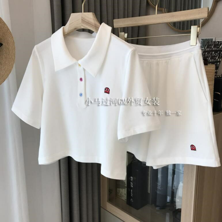 品牌折扣~專櫃撤回女裝原單外貿清倉珠地棉短款POLO衫+短褲女套裝