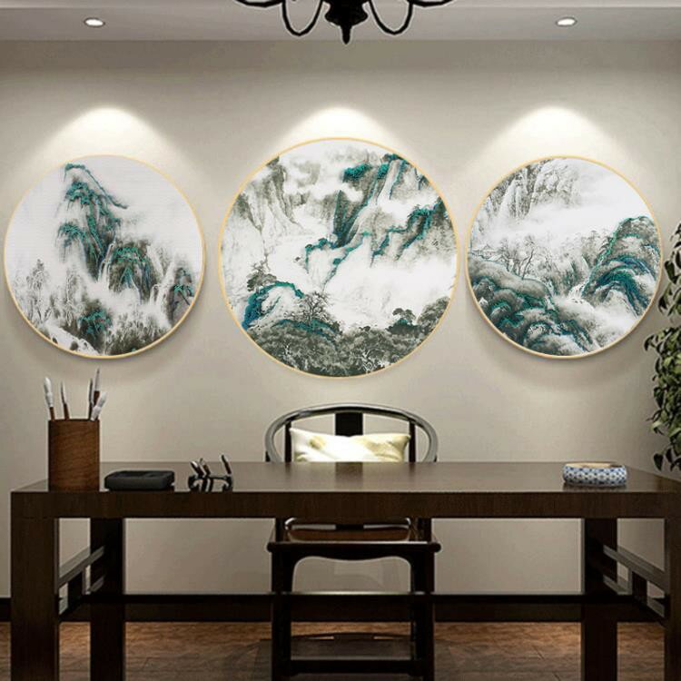 新中式實木圓形水墨裝飾畫客廳臥室書房玄關走廊創意掛畫餐廳壁畫Igo
