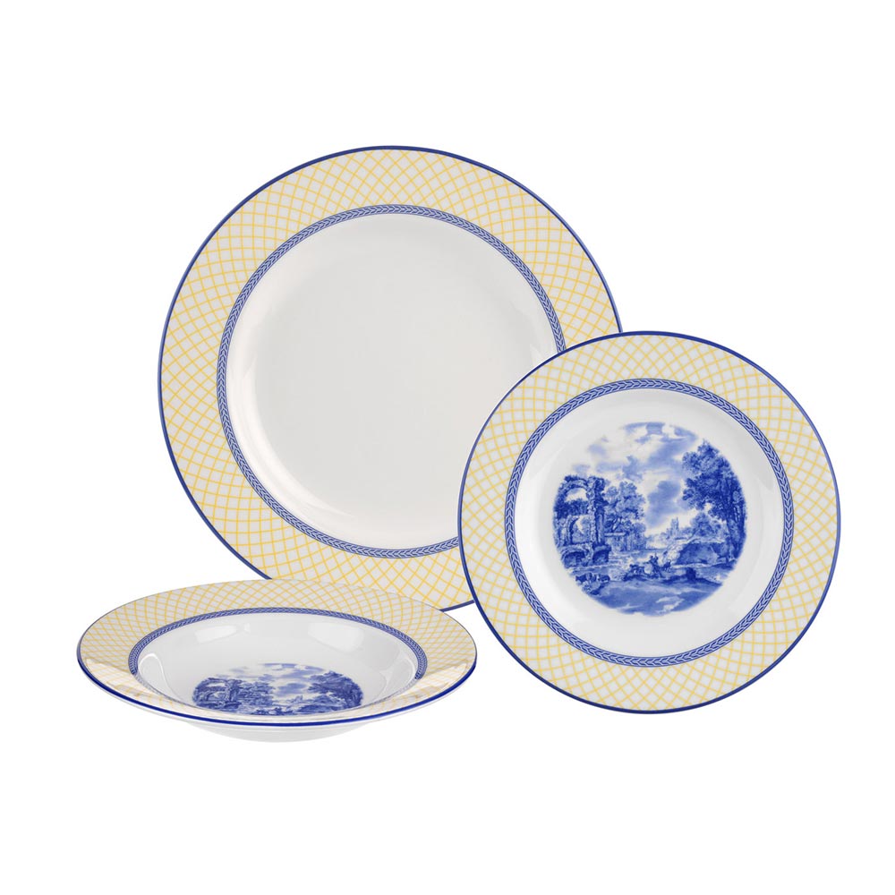 英國Spode-Blue Italian 典藏義大利藍系列(200週年Giallo網格紀念款)-三件餐具組-附原裝彩盒