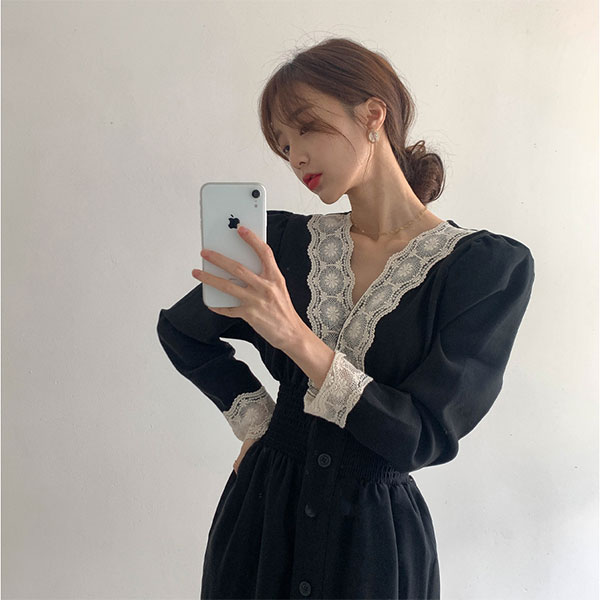 ANNA S. 正韓 V領 蕾絲 黑色 洋裝 長袖 縮腰 顯瘦 連身裙 復古 氣質 上班族 韓國690 3
