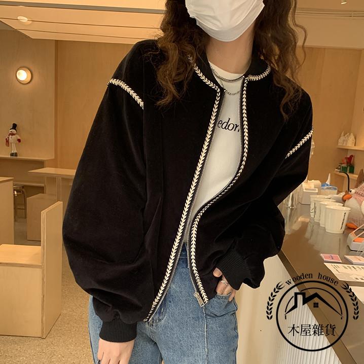 復古短款夾克棒球服女春秋韓版IG百搭寬版顯瘦夾克外套女【木屋雜貨】