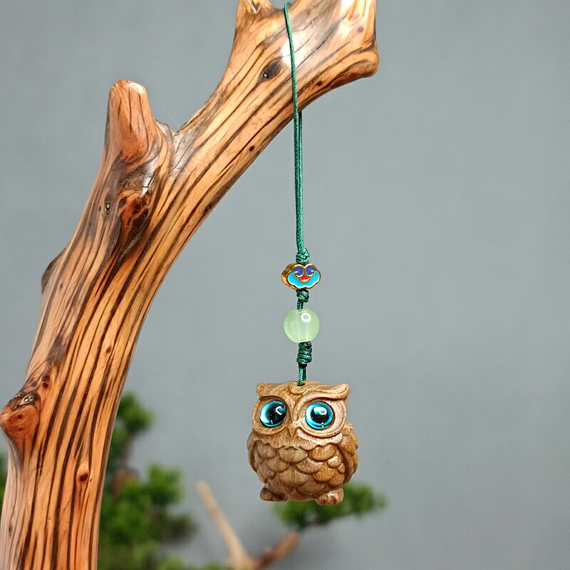 綠檀木雕刻貓頭鷹手機掛件鑰匙扣女檀香木創意可愛手機鏈包包掛飾
