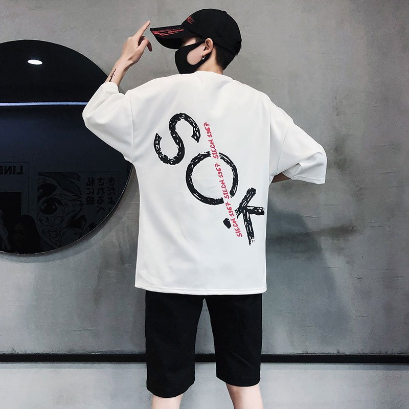 FINDSENSE2019 夏季 新款 韓國 街頭 嘻哈 兩件套 字母印花 時尚 寬鬆 個性短袖 半袖T恤 潮男上衣