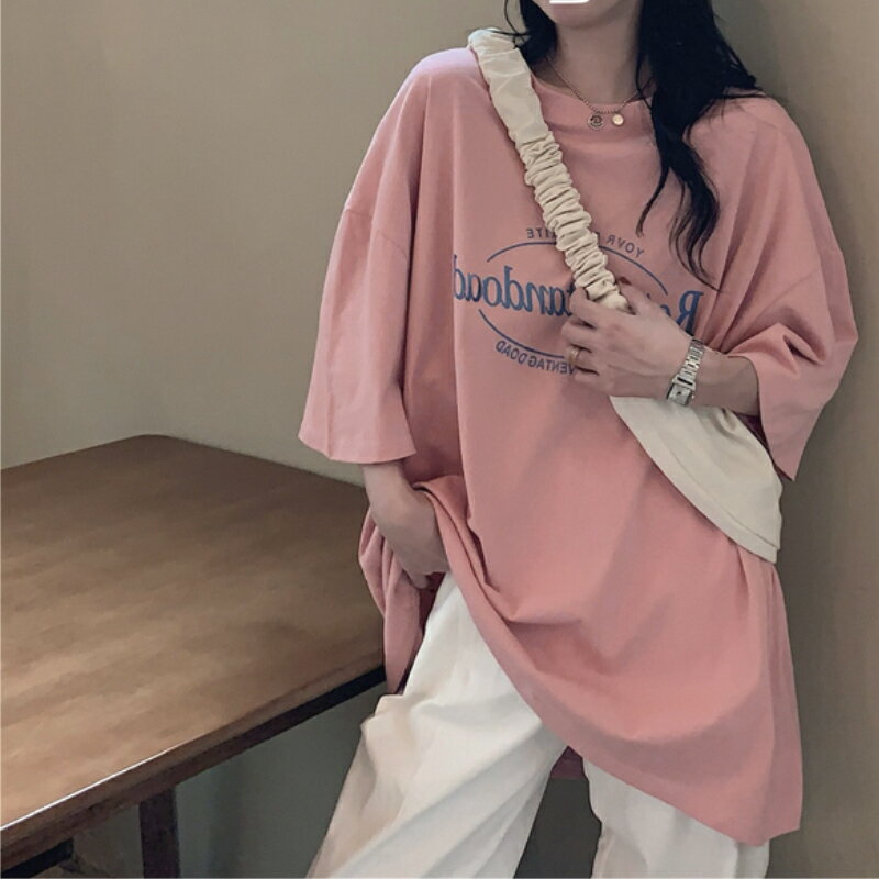 短袖粉色t恤女2022新款夏季網紅韓版寬松打底設計感小眾上衣ins潮