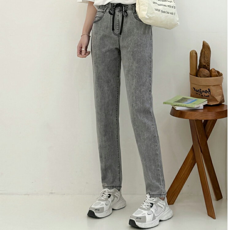 抽繩水洗灰彈力褲(S-3L)【B370478】