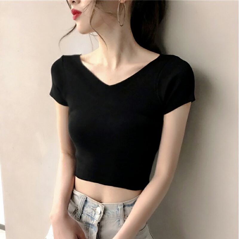 初春夏季新款短袖T恤女韓版V領短款設計感小眾露臍上衣ins潮