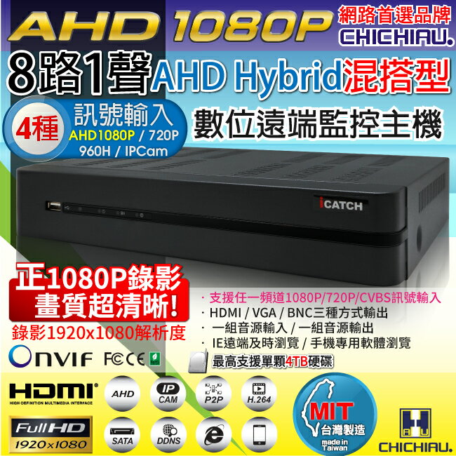 【CHICHIAU】8路AHD 正1080P台製iCATCH數位高清遠端監控錄影主機-DVR
