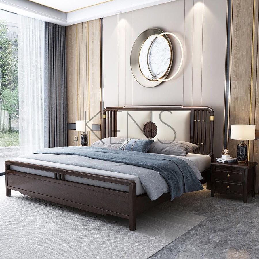 主臥床 實木床 新中式實木床1.8米主臥雙人床現代簡約軟靠床1.5米高箱抽屜儲物床